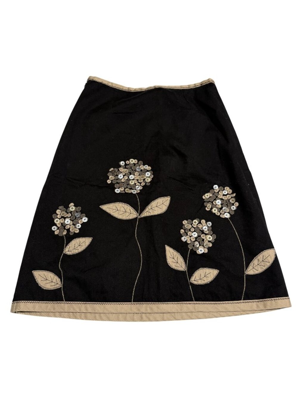 Boden Black A-Line Skirt Floral Embellishments Size 8 Embroidered Appliqué Butto
